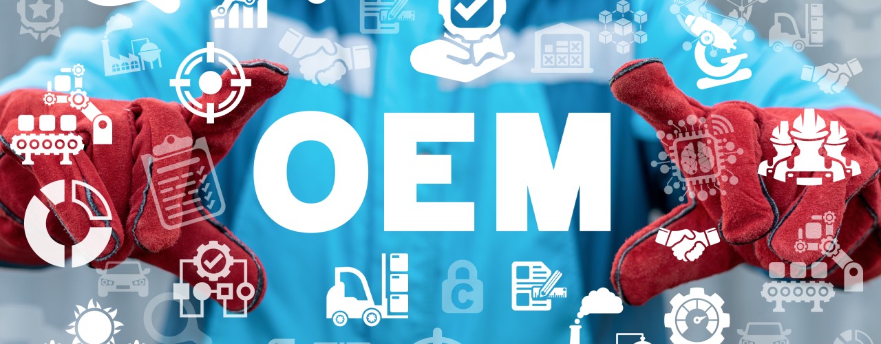 A man in a blue jumpsuit and red gloves framing the acronym "OEM" with his hands. Industrial icons cover the image.