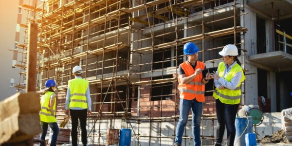 Four crew members stand on a construction site. All are wearing bright yellow and orange safety vests and hard hats.