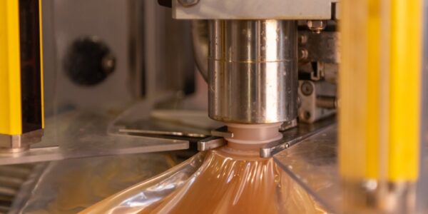 Apple juice going into an automatic bagging system for easy transport and packaging. The bag is attached to the juice drop.