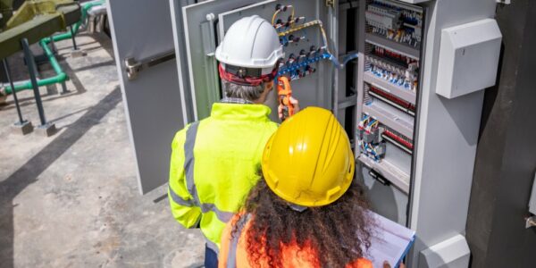 A male and female worker in hard hats and high-visibility vests inspect an electrical enclosure cabinet.