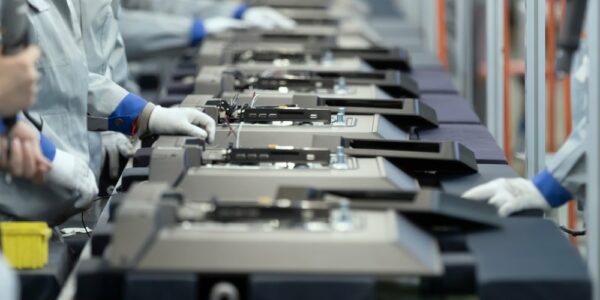 A production line with workers on both sides. They are all doing the same task to prepare a product for packaging.