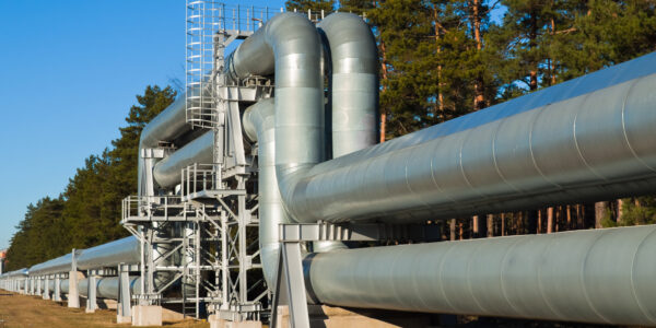 A series of large, heavy metal pipes stretching across a field near a pine forest beneath a clear blue sky.