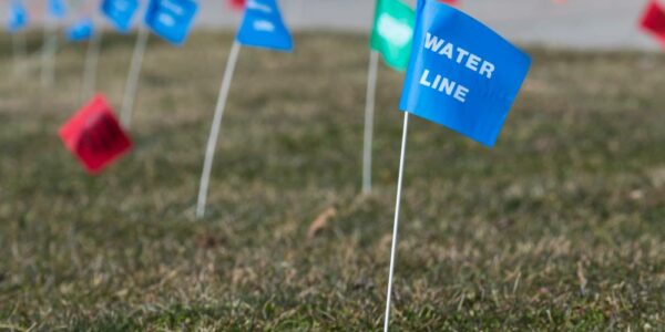 A grass field filled with utility marker flags of various colors. The closest flag is blue with the text "WATER LINE."
