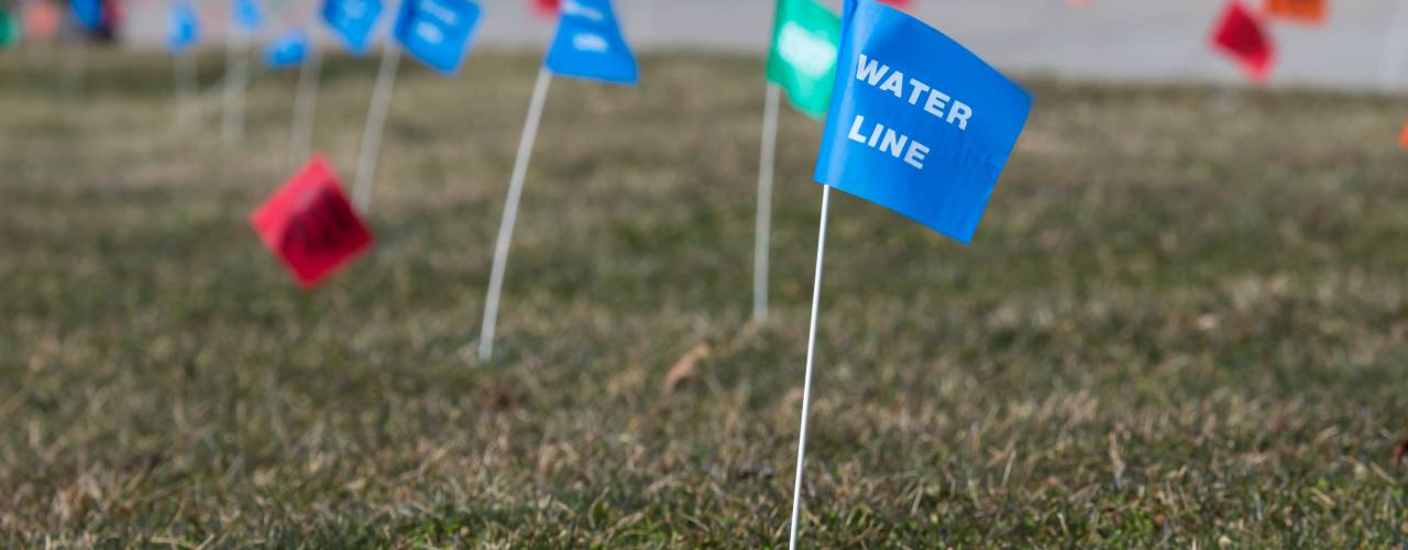 A grass field filled with utility marker flags of various colors. The closest flag is blue with the text "WATER LINE."