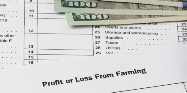 A close-up of a tax form titled "Profit or Loss From Farming." Nearby rest a pen, a calculator, and three hundred-dollar bills.