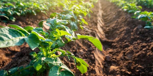 Sunlight shining on a large field of green potato plants. Tall mounds of soil form the structure of each row.