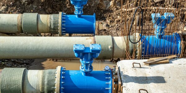 A set of industrial pipelines with blue release valves near the end. The pipelines are inground with dirt behind them.