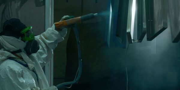 A person in a full-coverage protective suit uses a spray gun to apply a powder coating to metal parts hanging from a ceiling.