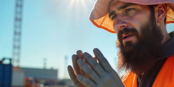 A construction worker outside on a sunny, hot day, wearing an orange safety vest and a hot weather hat.