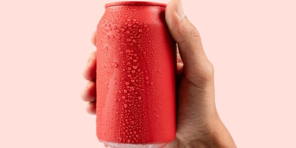 A close-up of a hand holding up a red soda can beaded with condensation against a pastel pink background.
