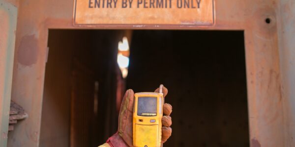 A person holding a gas detector in front of the door to a mine shaft. Above the door is a danger sign.