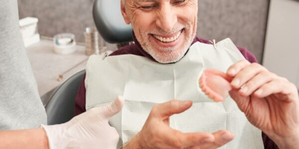 A senior man sits in a dentist chair as he holds a pair of dentures in his hand. He's smiling as he inspects them.