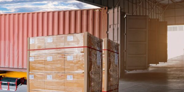 Two wooden pallets of goods, neatly stacked and wrapped, sit at a warehouse dock with freight trucks in the background.