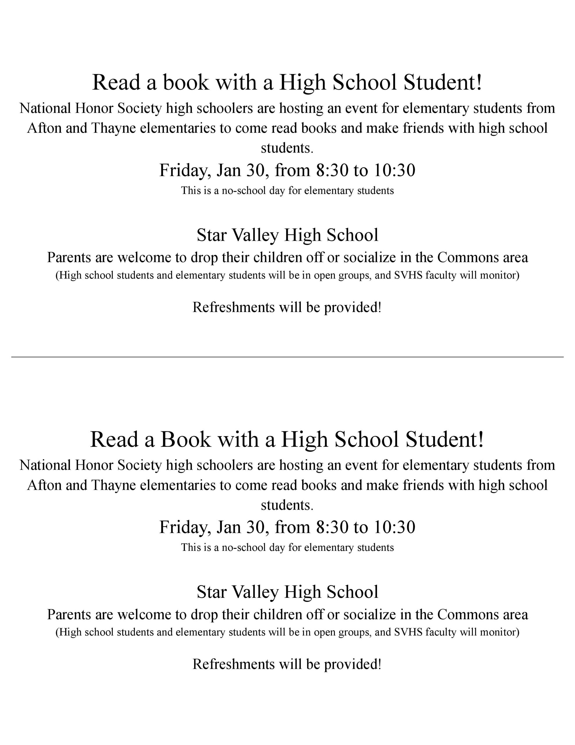 Afton: National Honor Society Read a Book with a High School Student