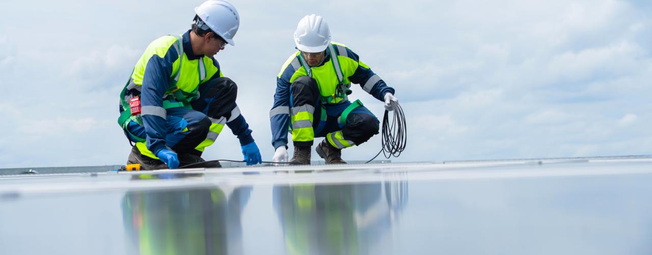Two engineers on the roof of a building wearing white hard hats and hi-vis yellow safety vests. One holds wire.