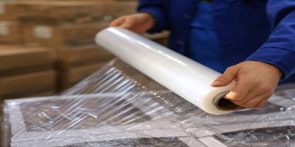 A close-up of a worker in a blue shirt wrapping a pallet with transparent stretch wrap film in a warehouse.
