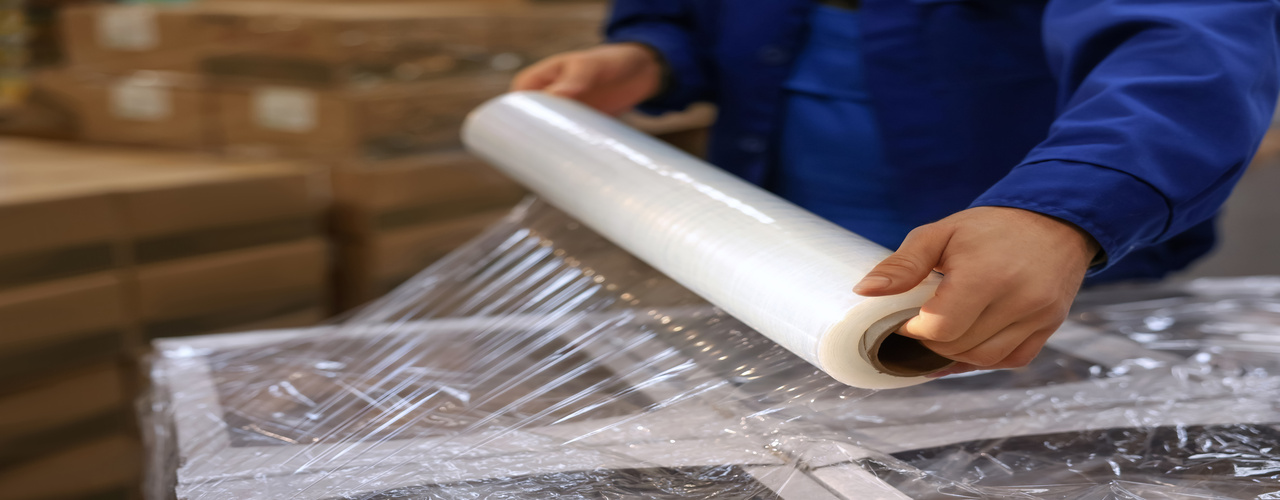 A close-up of a worker in a blue shirt wrapping a pallet with transparent stretch wrap film in a warehouse.