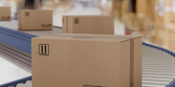 A close-up of a taped cardboard box on a roller conveyor belt in a shipping facility with more boxes behind it.