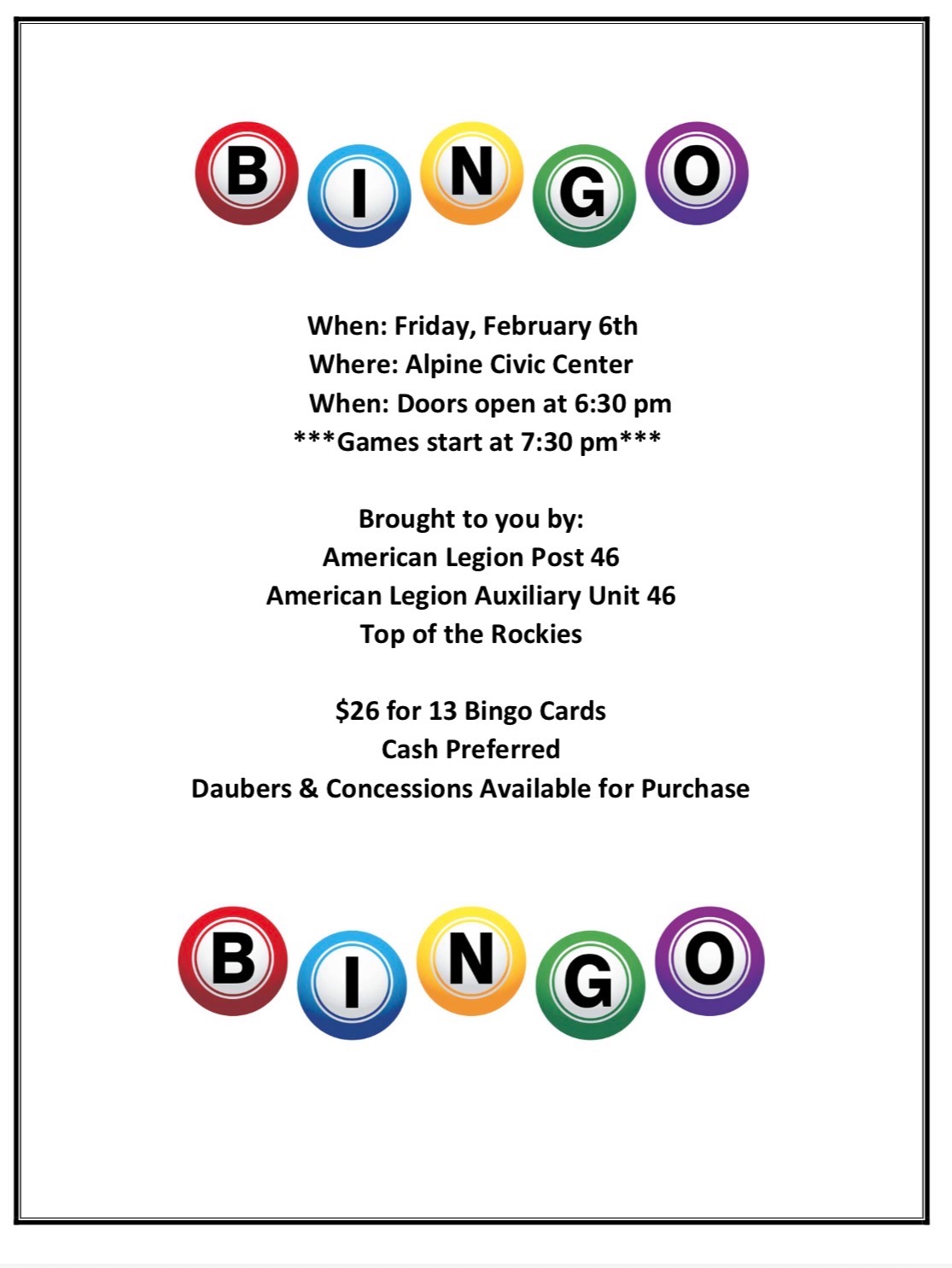 Alpine: BINGO at the Civic Center