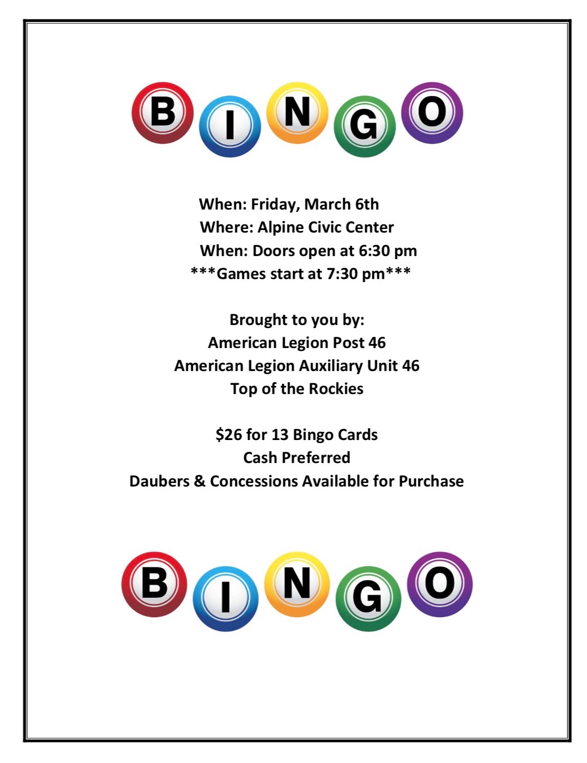 Alpine: Bingo with American Legion Auxiliary
