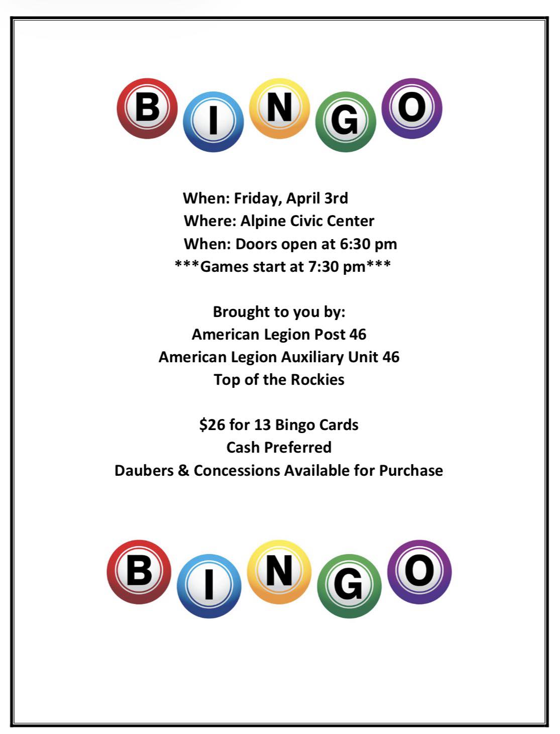 Alpine: BINGO With the American Legion Auxiliary