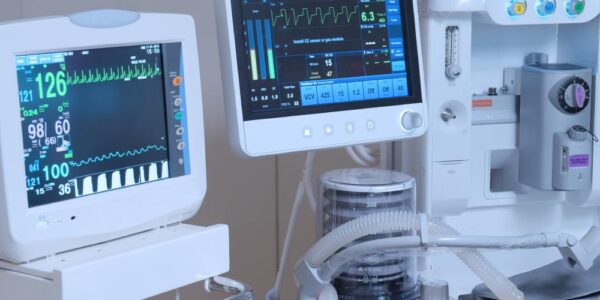 Hospital patient monitoring and ventilator equipment displaying vital signs, heart rate, and respiratory data.