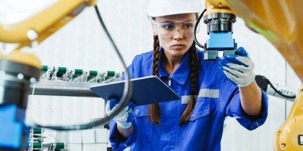 An engineer wearing safety glasses adjusting an industrial machine with one hand and holding a tablet in the other hand.