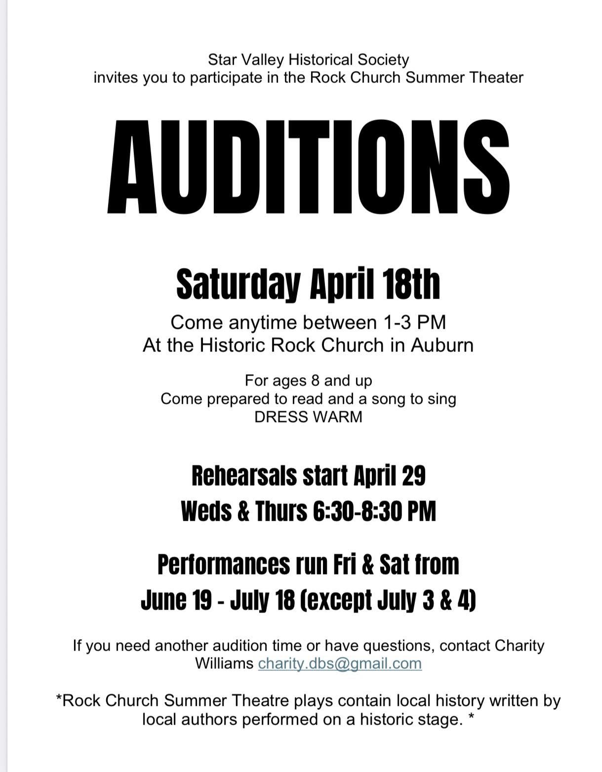 Auburn: Auditions for the Rock Church Summer Theatre