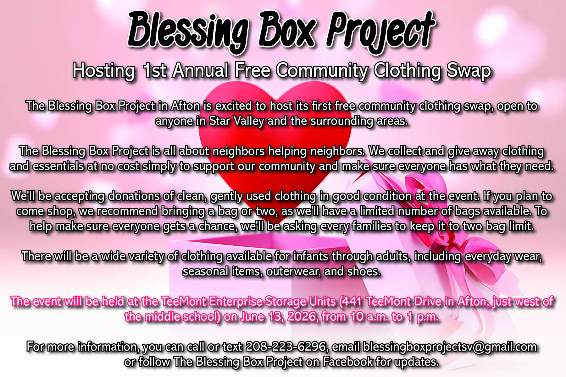 Afton: Blessing Box Project 1st Annual Free Community Clothing Swap
