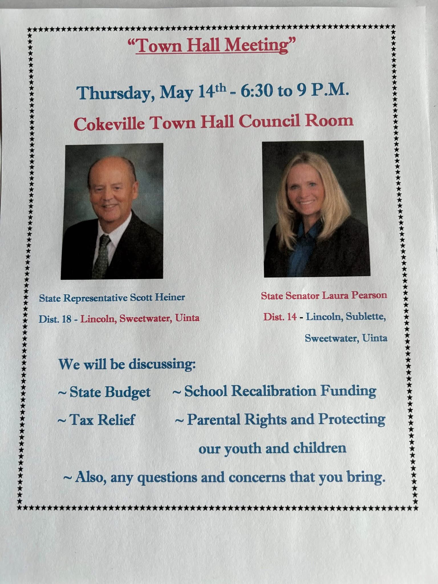 Cokeville: Town Hall Meeting with Representative Scott Heiner and Senator Laura Pearson