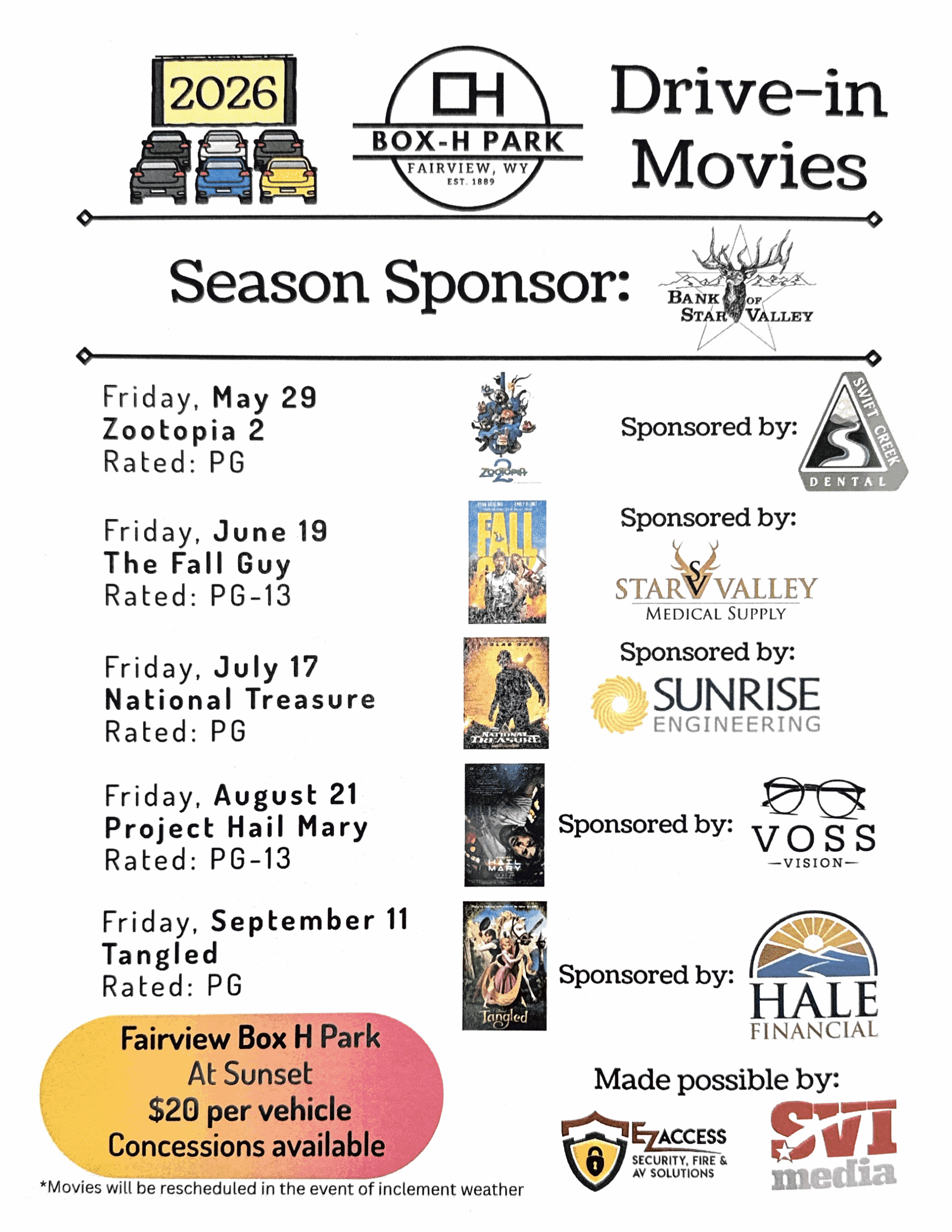 Fairview: Box-H Drive In Movie and Park Schedule