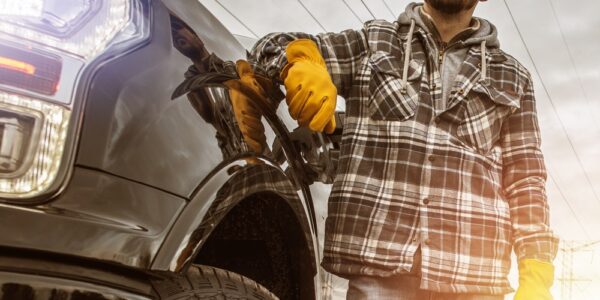 A man wearing a plaid shirt, yellow gloves and a helmet, standing next to a black pickup truck with the headlamps on.