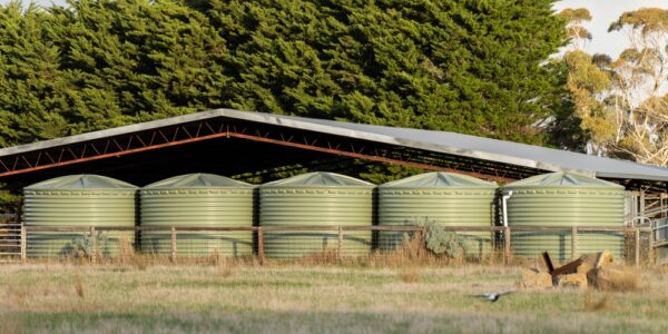 A view of five green water tanks stored near a covered storage shelter on a farm field with trees in the background.