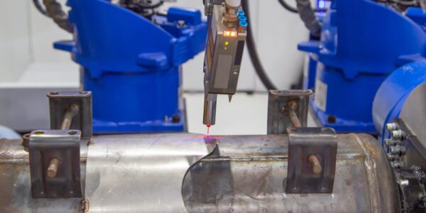 A large cylinde-like part being measured by a tracking laser system. The top of the part glows red from the laser.