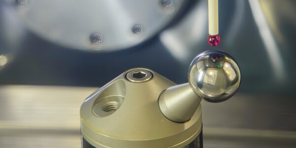 A CMM touch probe calibrating against a shiny sphere artifact on a metrology table in a precision inspection setup