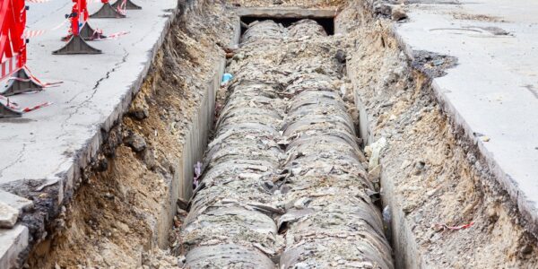 A section of road with an excavation site. There are two underground pipelines stretching underneath an urban street.