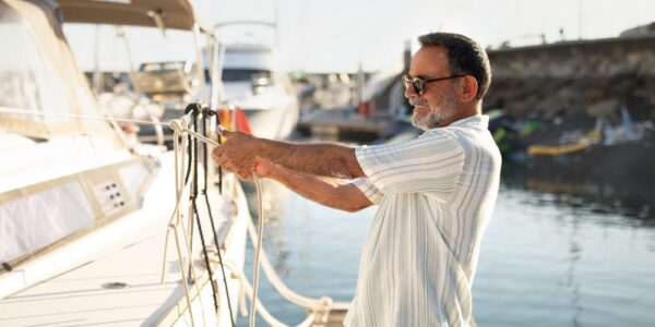 A man wearing sunglasses stands on a dock next to a boat. He pulls on a rope tied to a different part of the boat.