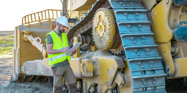 A man wearing a yellow reflective vest and a white hard hat stands at the base of a bulldozer. He takes notes on a clipboard.