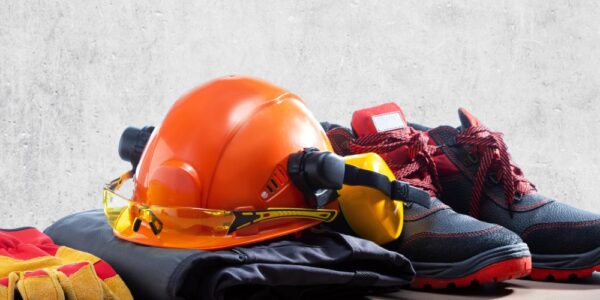 A pile of work gear sits on the floor against a gray, concrete surface. There is a hat, gloves, and shoes.