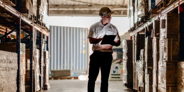 A man wearing a hard hat and holding a clipboard stands in the aisle of a warehouse. He looks at a pallet of supplies.