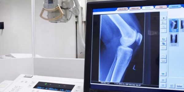 A computer with an X-ray of a knee. Behind the computer desk and a glass wall is a radiography machine.