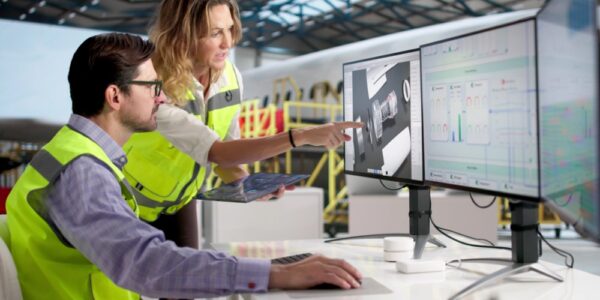 Two engineers convene at a desk. One sits behind three monitors while the other points at something on the screen.