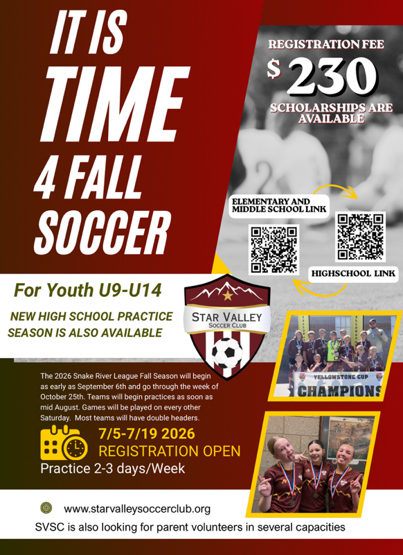 Star Valley: Registration Deadline for Star Valley Soccer Club Fall Soccer