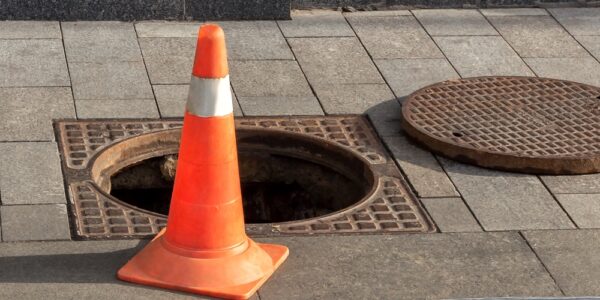 An open manhole with a removed cover beside it and an orange traffic cone marking the opening on a paved city sidewalk.