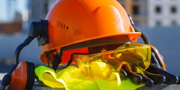 Construction PPE piled on top of each other. There is an orange hard hat, safety glasses, a vest, and gloves.