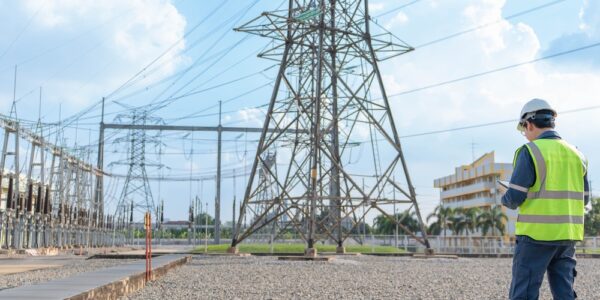 A man wearing a yellow safety vest and a white hard hat stands on a path in front of a transmission tower.