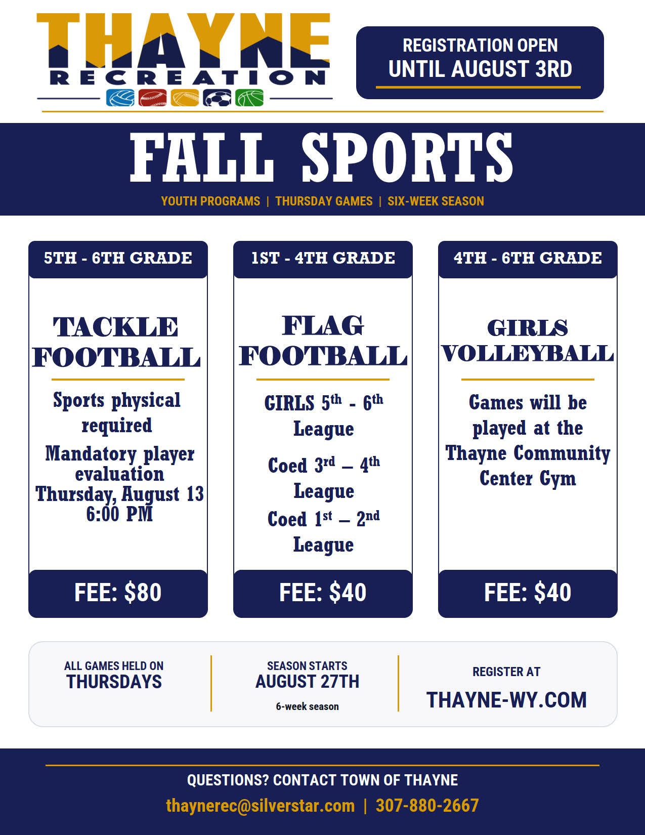 Thayne: Registration Deadline for Fall Sports