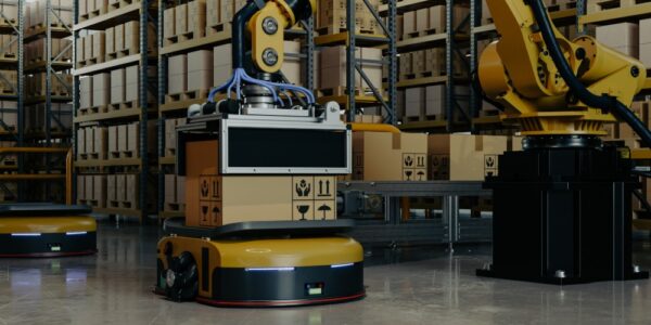 A yellow robotic arm is handling cardboard boxes on carts. Tall shelves are stocked with products in the background.