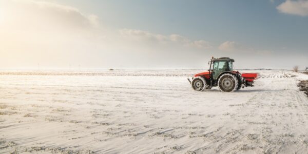 A red tractor is driving on farmland covered in a thin layer of snow. The rising sun brightens the field.