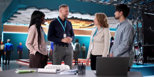 Four trade show attendees wearing badges talk beside a laptop at a modern exhibition booth with large displays.